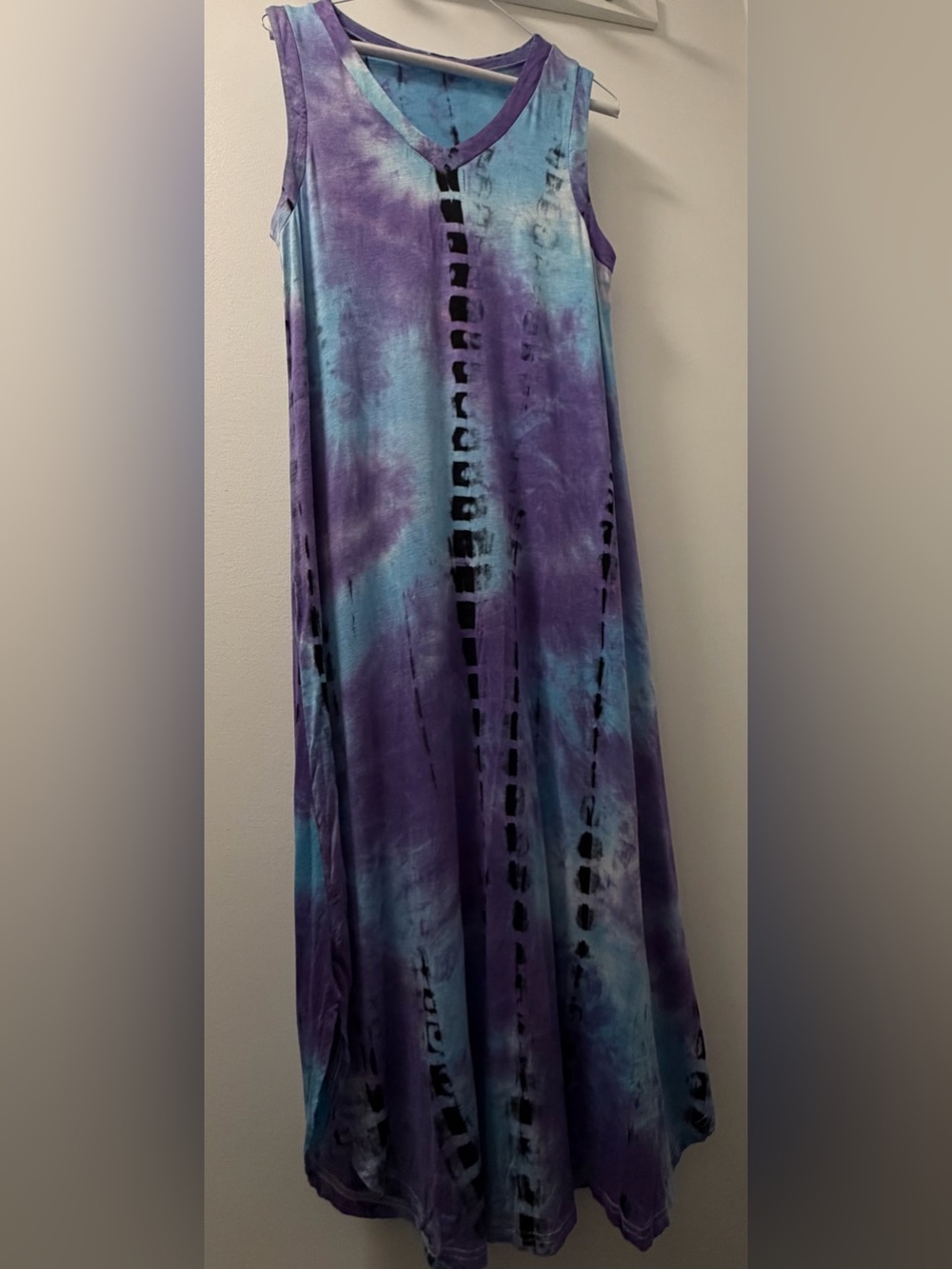 Zilcremo Blue Purple Tie-Dye V-Neck Maxi Dress L